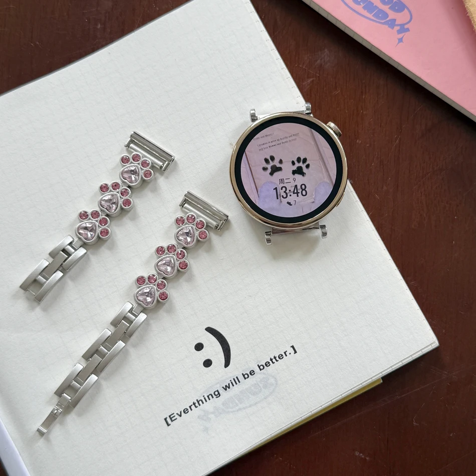 Cinturino per orologio da 18mm 20mm 22mm per Samsung Galaxy Watch 8 Ultra 2 7 6 5 4 Huawei GT 5 4 3 Pro 46mm 41mm Cartoon Zircone Zampa di gatto Strap
