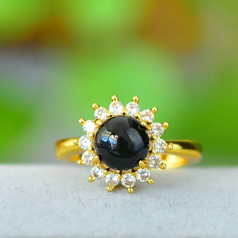 

Copper Inlaid Hetian Jade Sapphire Sunflower Exquisite Fashion Women's Ring