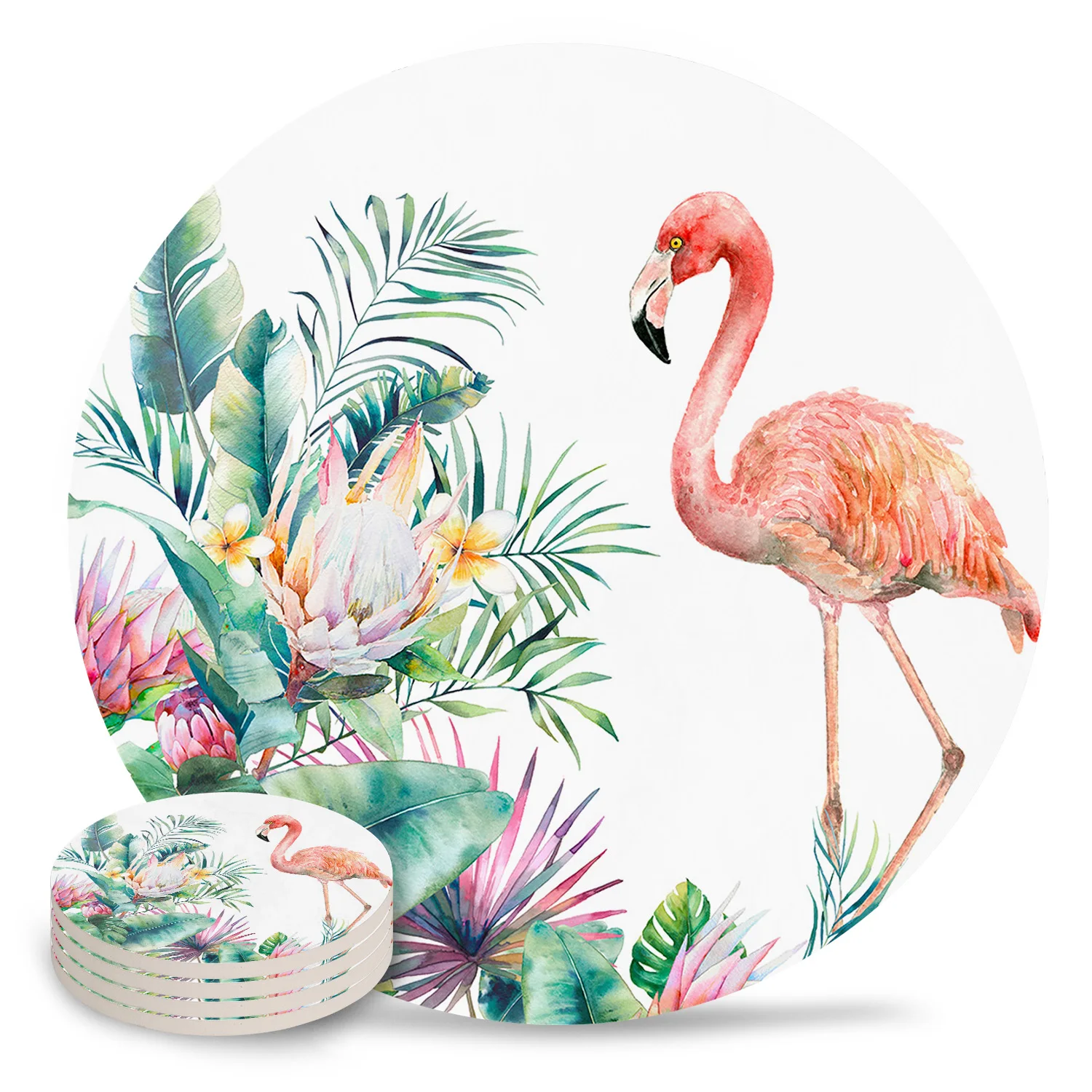 Flamingo Turtle Leaf Tropical Plant Coasters Ceramic Set Round Absorbent Drink Coaster Coffee Tea Cup Placemats Table Mat