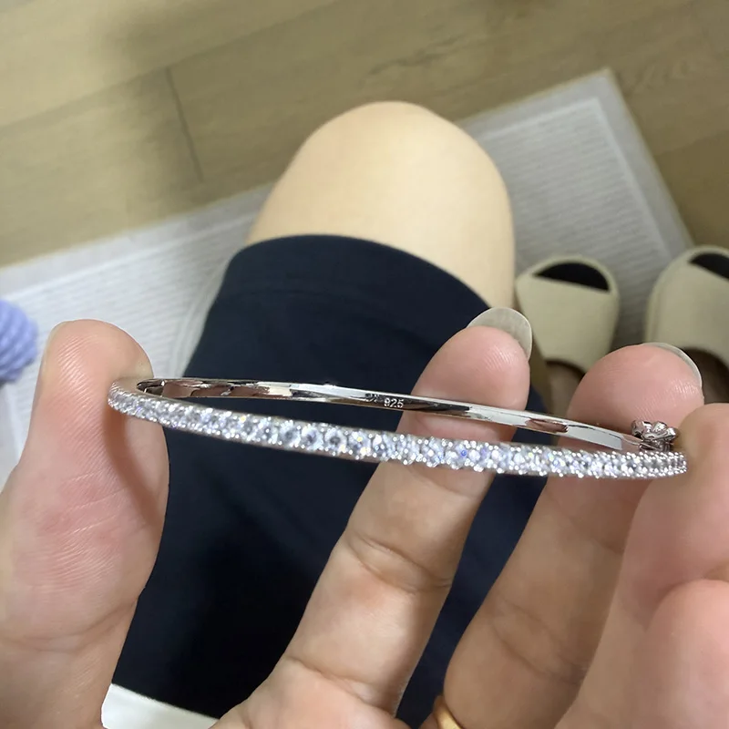Women's Pure 925 Sterling Silver Steam-punk Spikes Bangle With A Row Zircons Wedding Jewelry Tennis Bangle