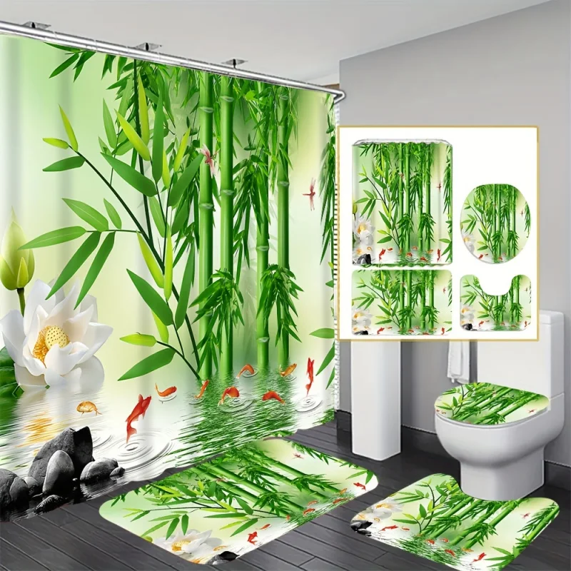Water-Resistant Bamboo Shower Curtain Set with Non-Slip Bath Mats, Toilet Lid Cover, Bathroom Rugs, and 12 Plastic Hooks - Machi
