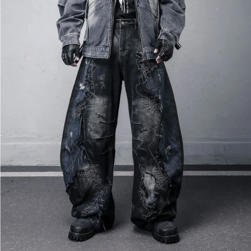 HKSH ربيع الخريف جديد الرجال الظلام نمط غسلها خمر المرقعة التطريز المتوترة حافة الجينز فضفاض واسعة الساق الدنيم السراويل HK13295