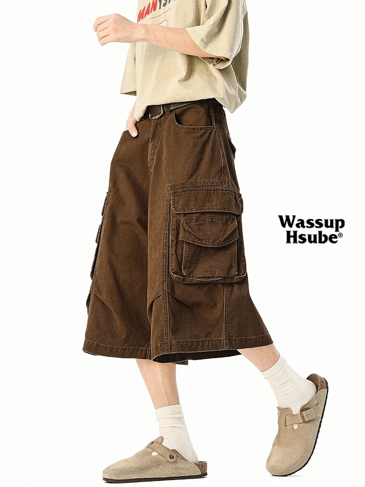 

WASSUP HSUBE American High Street Retro Men's Wide Leg Workwear Pants Summer Casual orts Straight Cut Durable Cotton