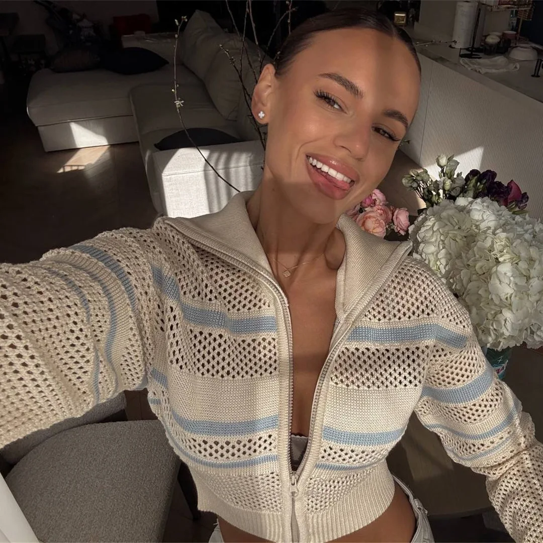 Women's Autumn Winter Slim Short Knit Coat Stylish Hollow Out Zip Up Outerwear Slimming Jacket Top