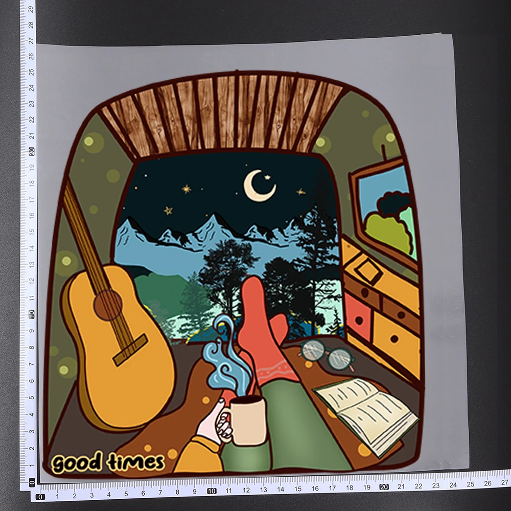 25cm Moon Night Wolf Camping Life Iron On Heat Transfer Sticker DTF Iron On Transfer Patches For Clothes T-shirt Appliques