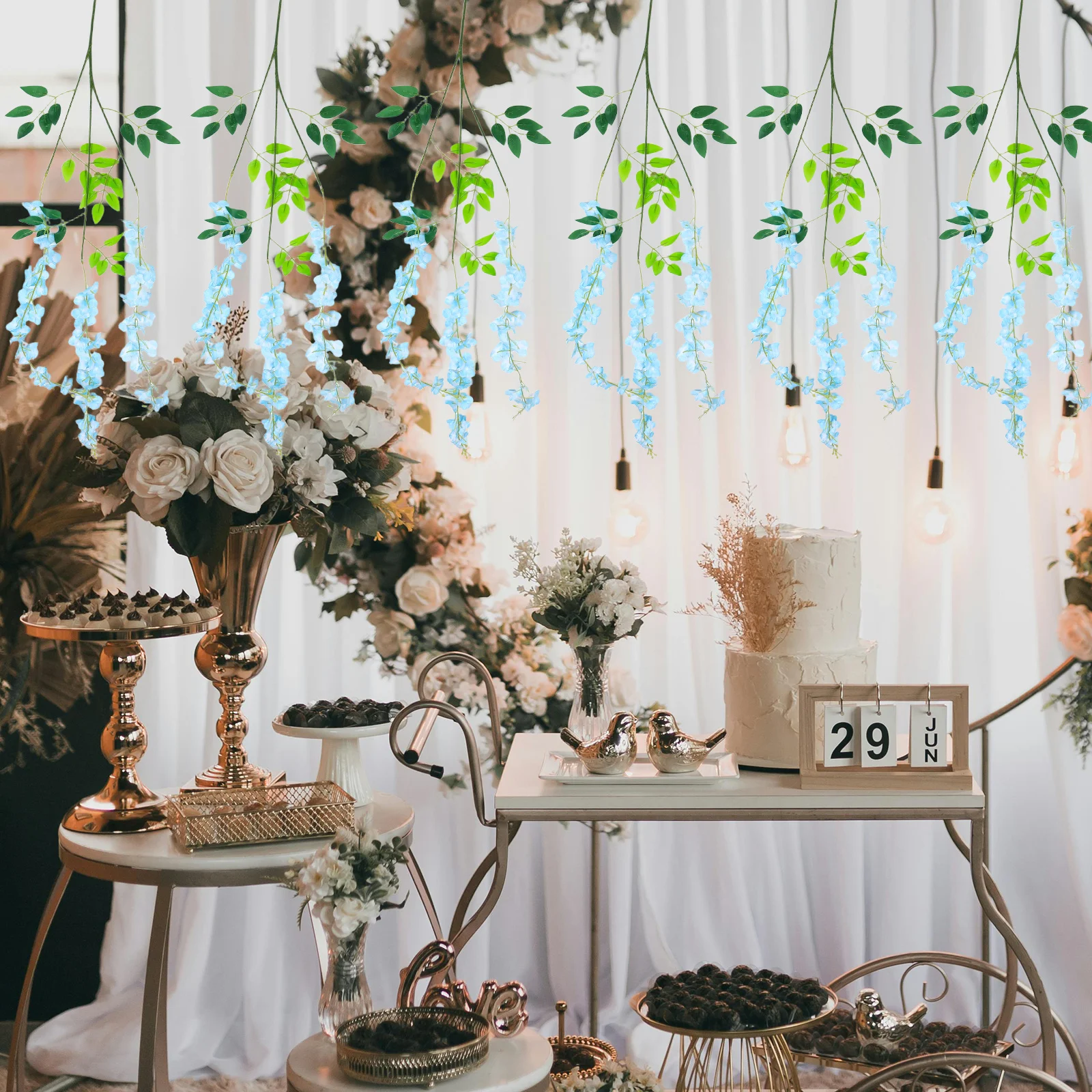 

12Pcs Artificial Wisteria Vines Sky Blue Realistic Fake Hanging Flowers Garland Wedding Party Garden Decorations