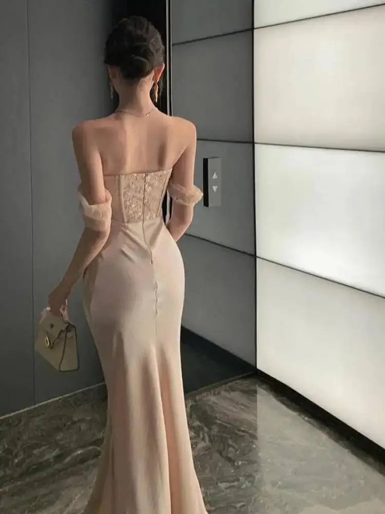 Satin Patchwork Elegant Trumpet Dress Women Off The Shoulder Vintage Clothing Lady Birthday Party Chic Vestidos Bodycon NK10