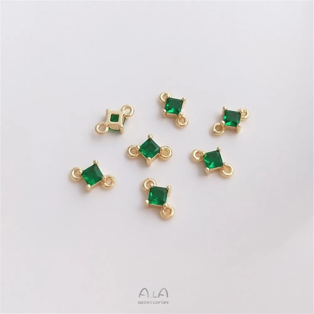 14K Goldfarbe eingelegter Edelstein, blauer Zirkon, Smaragd, Zirkon, quadratisch, doppelt hängendes Zubehör, handgefertigte DIY-Schmuckmaterialien