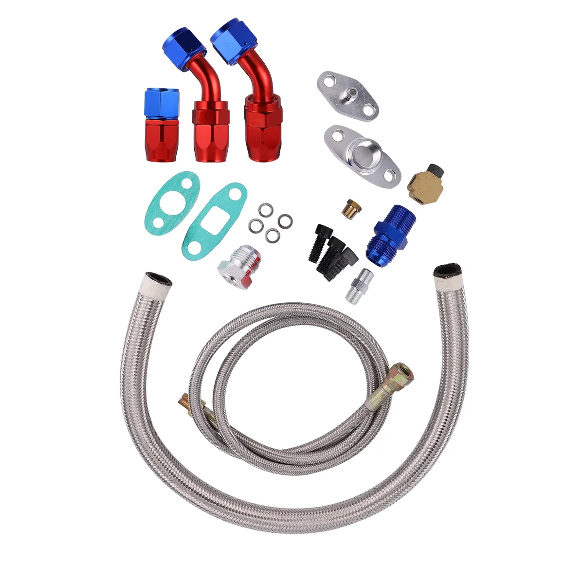 

1Set Oil Feed Return Inlet Outlet Lines Kit Aluminum Alloy Braided Stainless T3 Turbocharger Adapter for Oil Cooling Lubrication