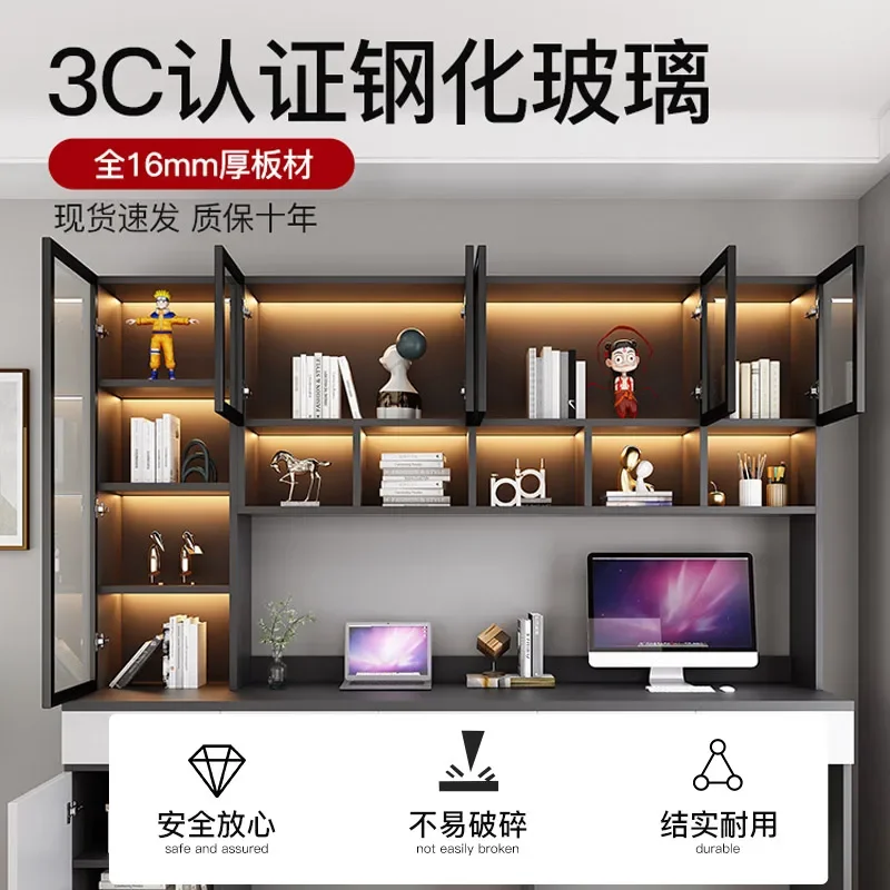 Premium Double desk, bookshelf integrated table, light luxury desk with glass bookcase, computer desk, home desktop study