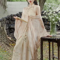 Improved Chinese Style Qipao Set Women Halter Sleeveless Cheongsams Sexy Print Dress Elegant Vestidos&cardigan Fairy Costumes