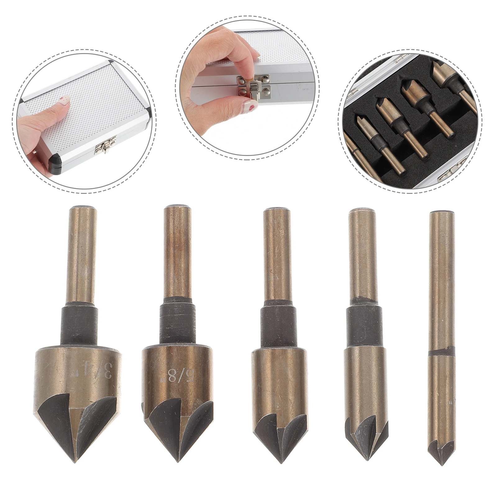 5 Pieces Countersink Drill Bit Set Chamfering Deburring Tool for Wood Metal Aluminum High Speed Steel Oxidized Gold Finish