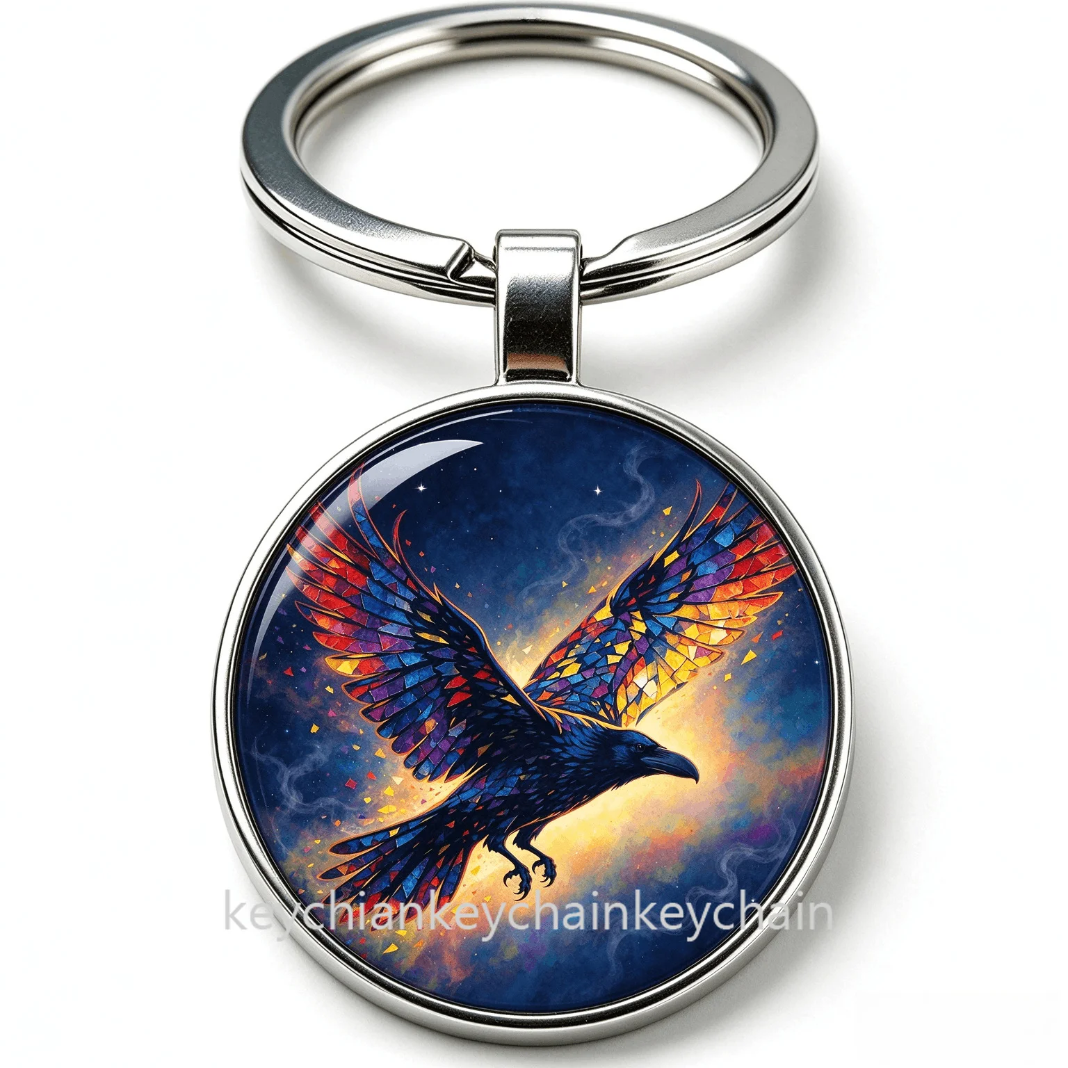 Colorful Fire Raven Bird Fantasy Crow Keychain Key Ring Animal Bag Charm Car Key Holder Gift for Men Women