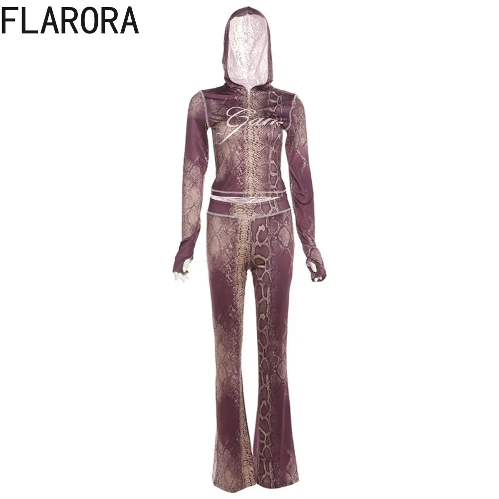 FLARORA موضة رسالة الأفعى طباعة رياضية 2 قطعة مجموعة امرأة البريدي سليم صالح المحاصيل الستر + السراويل الخريف تمتد ملابس الشارع الشهير #5