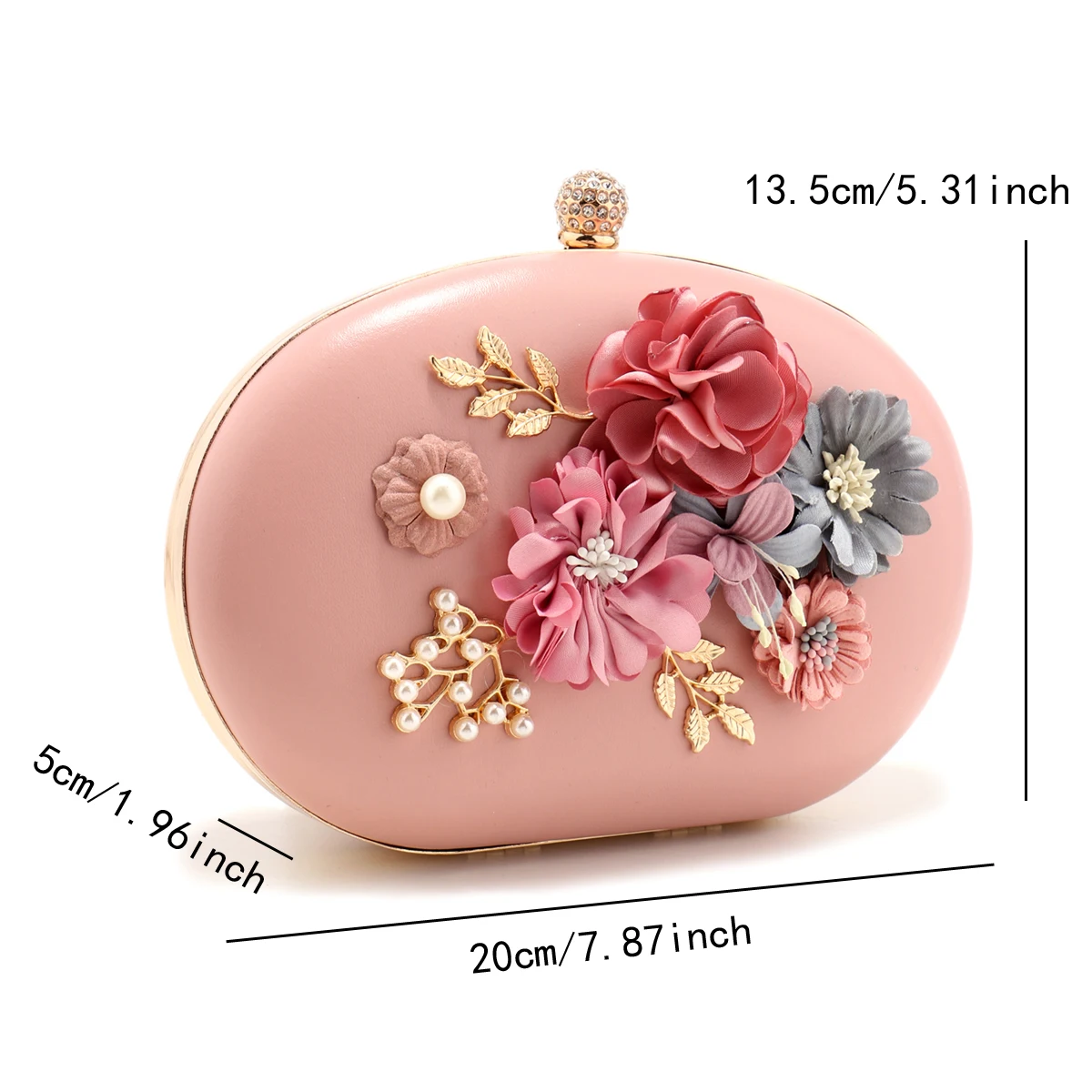 Pink Color Flower Cute Women Evening Bags Circular PU Fashion Diamonds Pearl Floral Glitter Handbags Metal Chain Shoulder Clutch