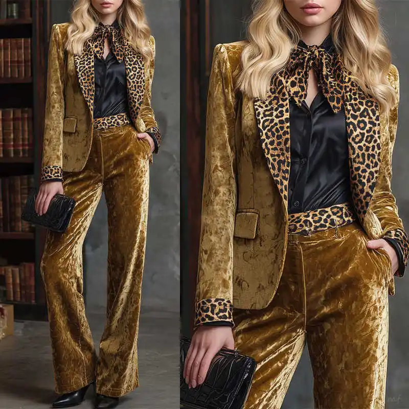 

Modern Women's Velvet Suits Leopard Print Single Breasted Jacket Blazers Dinner Party Evening Outfits Custom Made
