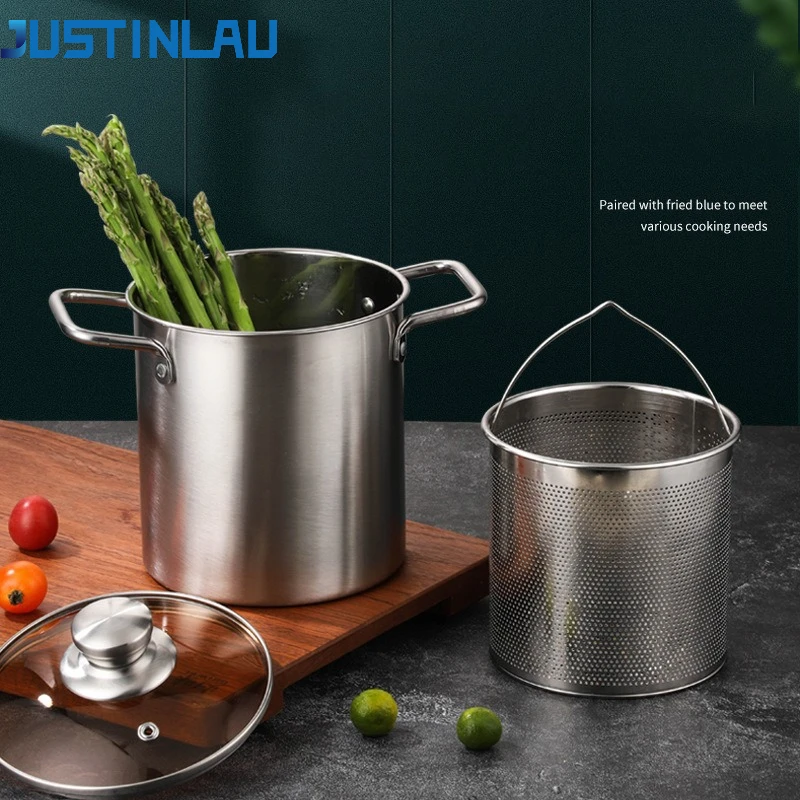 JUSTINLAU 3L Deep Fryer Pot Double Ear Fried Soup Pot Stainless Steel Deep Fryer with Filter Basket Induction Cooker Universal
