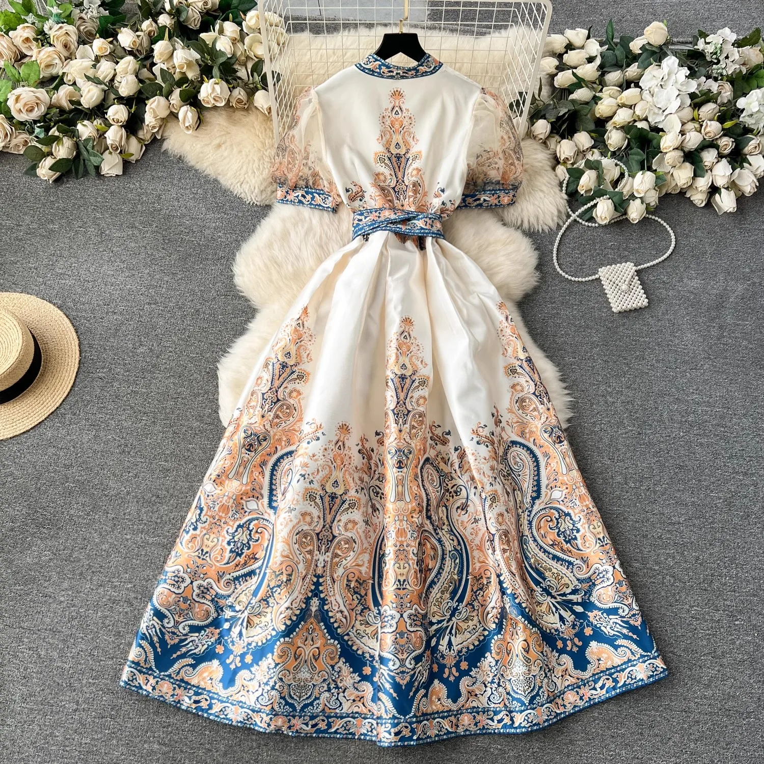 Vestido longo com flores para férias feminino, gola V, manga lanterna, laço com renda, moda casual, elegante vestido boho, verão, novo, 2024