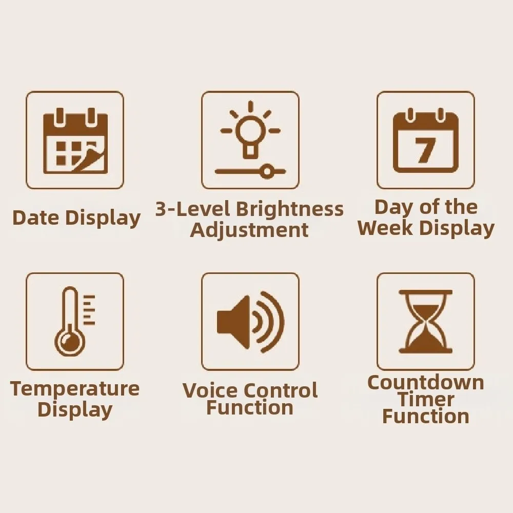 Brightness Adjustment LED Electronic Clock Voice Control 12/24H Format Large Digital Clock Auto-Dimmer Countdown Function