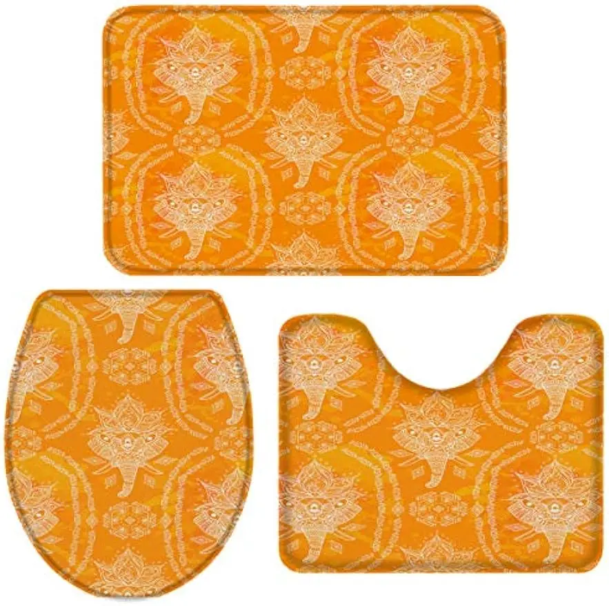 3 Pieces Bath Rug Set Toilet Seat Cover Orange African Elephant Art Drawing Print Contour Rug, Pedestal Mat and Toilet Lid Cover