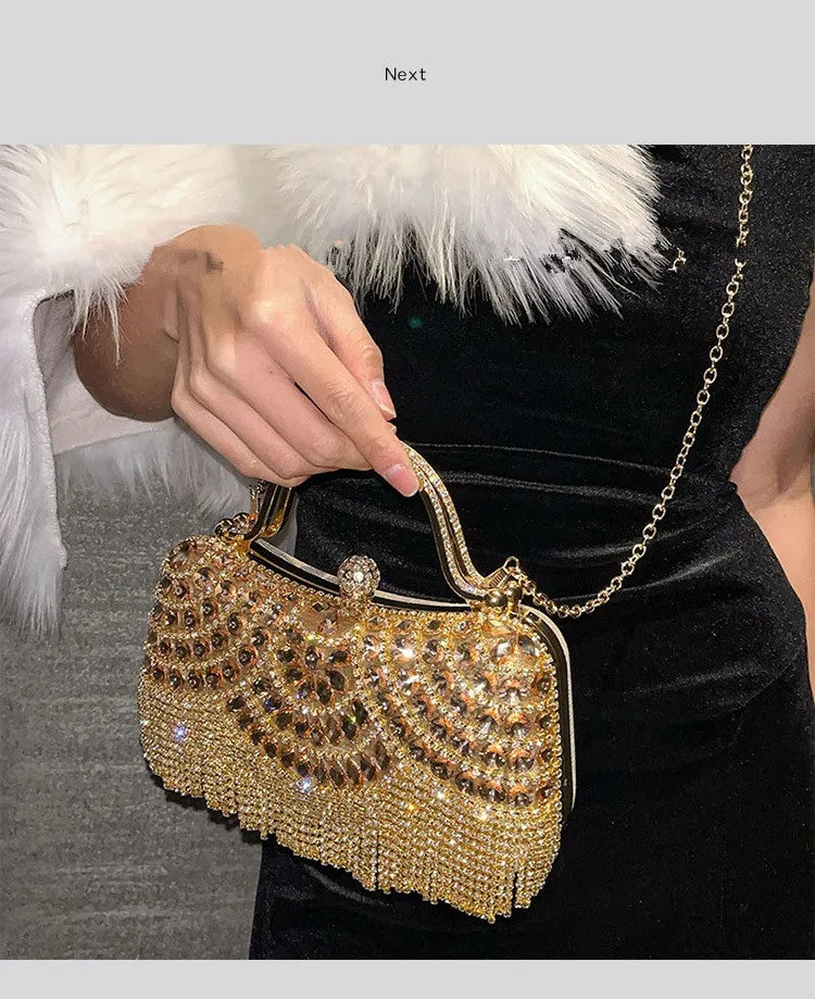 Metallische Strass-Diamant-Abendclutch mit Goldener Quaste, Luxuriöse Braut-Hochzeits-Party-Handtasche für Damen, Formelle Bankett- und Abschlussball-Tasche – Detail 11