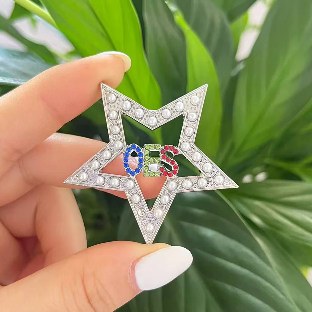 أحدث اللؤلؤ الأبيض حجر الراين الخماسية نجمة الماسونية النظام من النجم الشرقي اليونانية نادي نسائي OES رسالة مجوهرات بروش دبوس #3