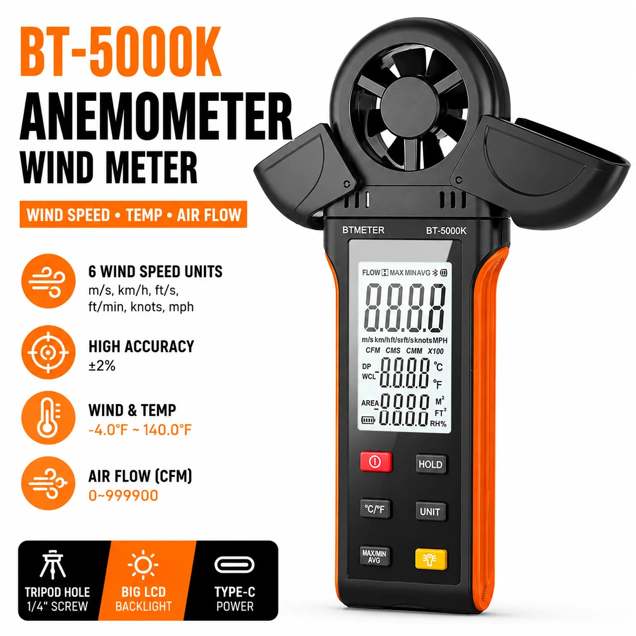 

Digital Anemometer Handheld Wind Speed Meter Gauge Measures Humidity/Temperature/Wind Speed with MAX/MIN/AVG for HVAC, Sailing
