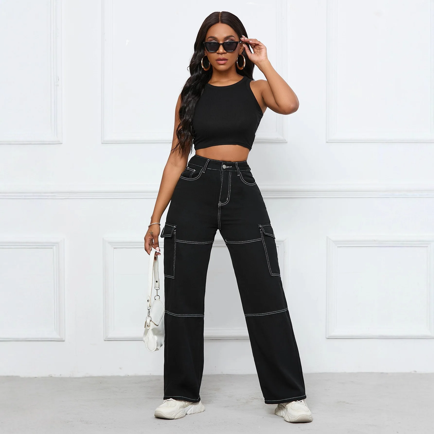 European and American New High Waist Side Waist Pocket Straight Jeans Women Loose