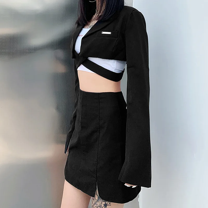 Nibber Hong Kong Flavor Cool Girl Dark Funeral High Waist Cross Tie Long Sleeve Suit Women All-Match Fashion Silm Short Jacket