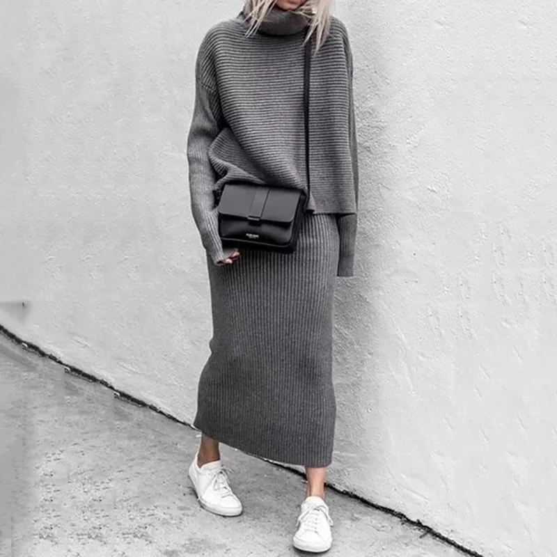 

Knitted Two Piece Set Women Pullovers Turtleneck Loose Sweater+Long Skirts Bodycon Outfits for Woman Office Lady Suits Set