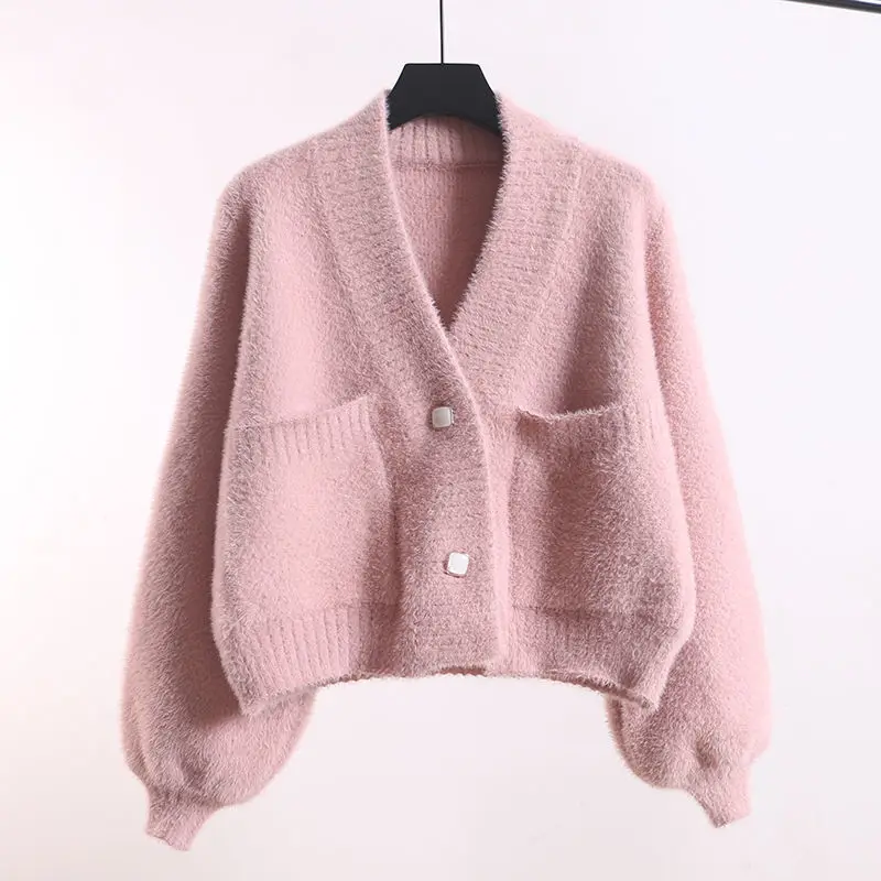 

Imitation mink velvet knitted cardigan women Korean version spring and autumn short small loose outer sweater cardigan coat