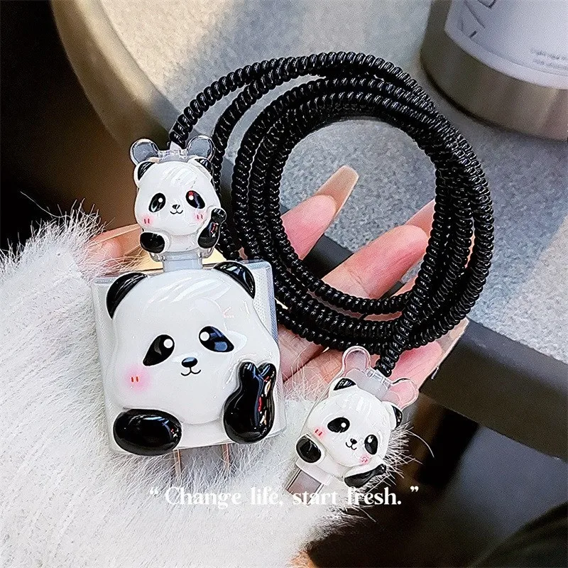 Cute Panda Cable Data Line Protector Cover for iPhone 18W / 20W Fast Charging Case Cartoon Winder Organizer