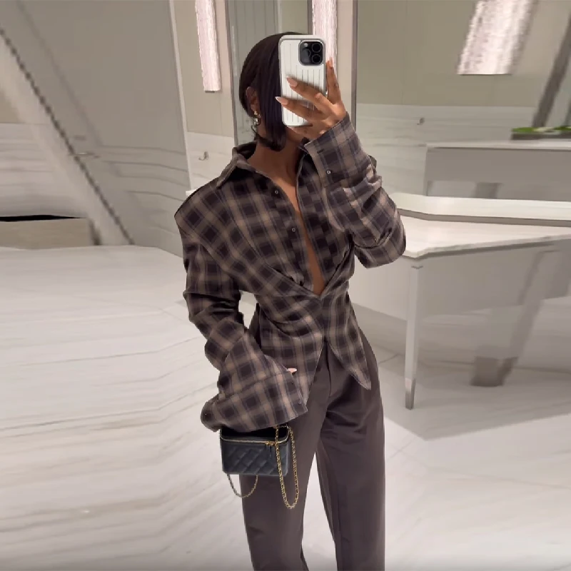 

Женская стильная повседневная рубашка в клетку с завышенной талией, приталенная, на пуговицах, с длинными рукавами, в стиле Spicy Girl, сексуальная, осенняя, модная куртка