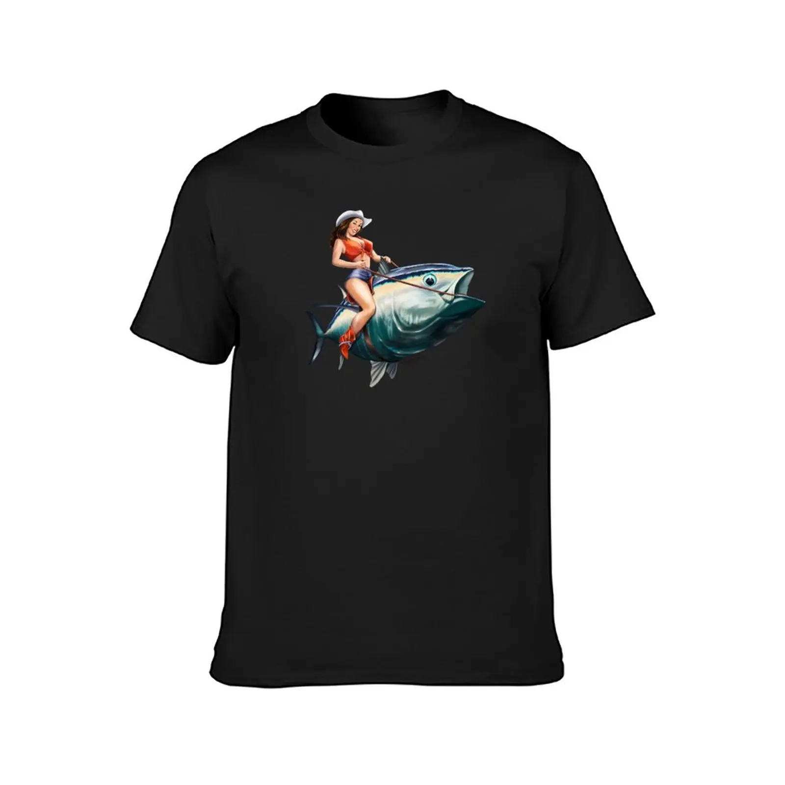 Bluefin Tuna Rider Fishing PinUp Girl T-Shirt aesthetic clothes boys whites plain white t shirts men image 2