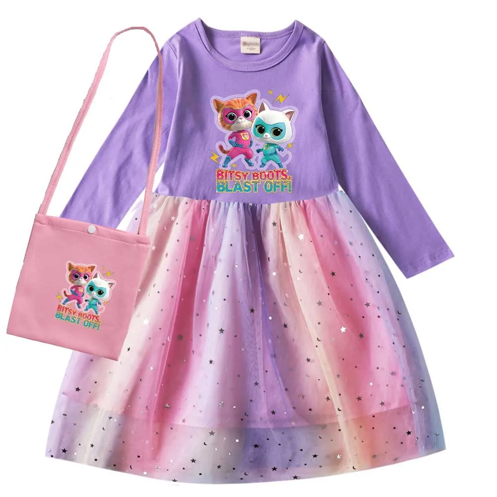 2024 New Autumn Superkitties Dress Baby Girls Cartoon Dress Kids Long Sleeve Casual Dresses and Bag Children's Vestidos