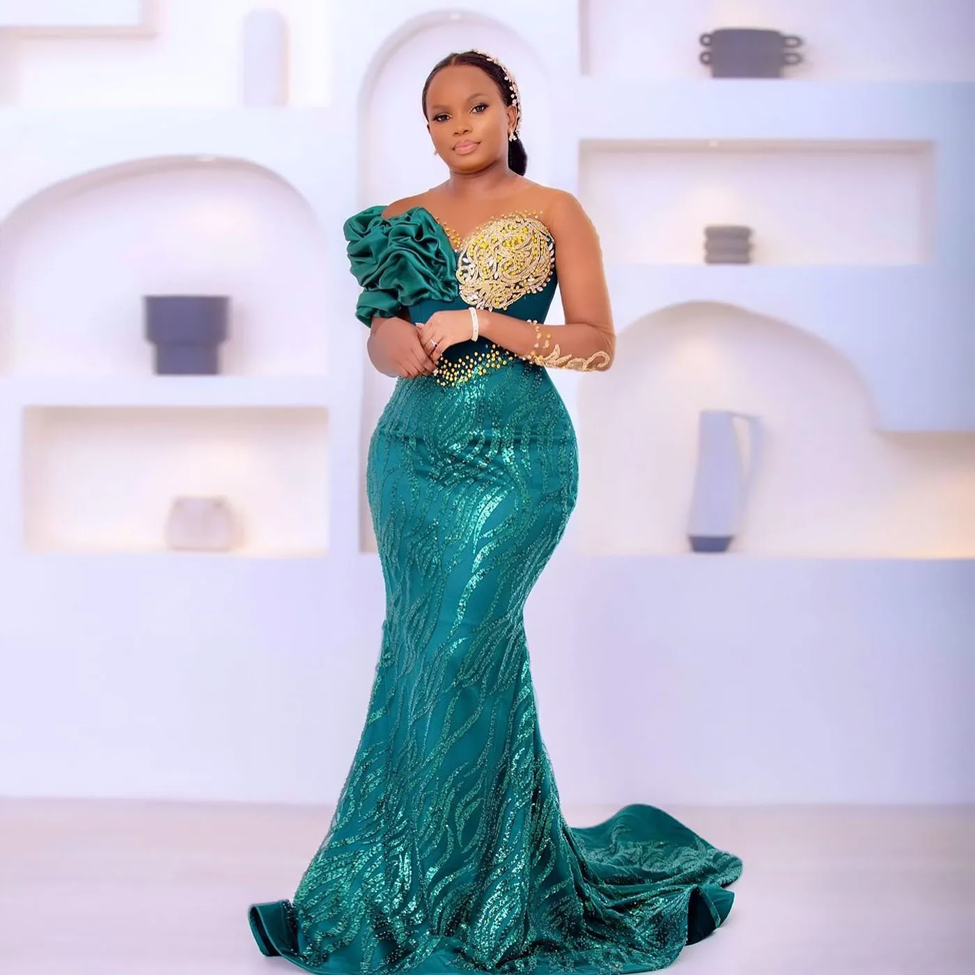 Teal Blue Lace Aso Ebi Prom Dresses Plus Size African Ruffled Beading Wedding Guest Dress Nigerian Formal Party Dress Custom