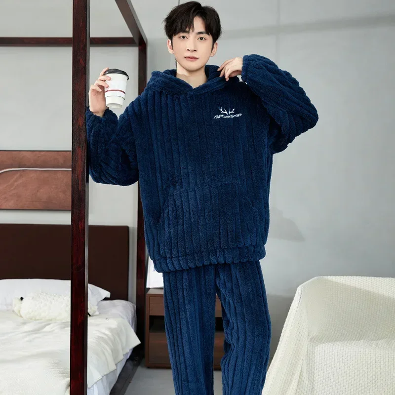 New Winter Men\'s Pajama Sets 2024 Thick Warm Hooded 2 Piece Homewear Set for Men Flannel Sleepwear Loose Long Sleeve Pajamas Men