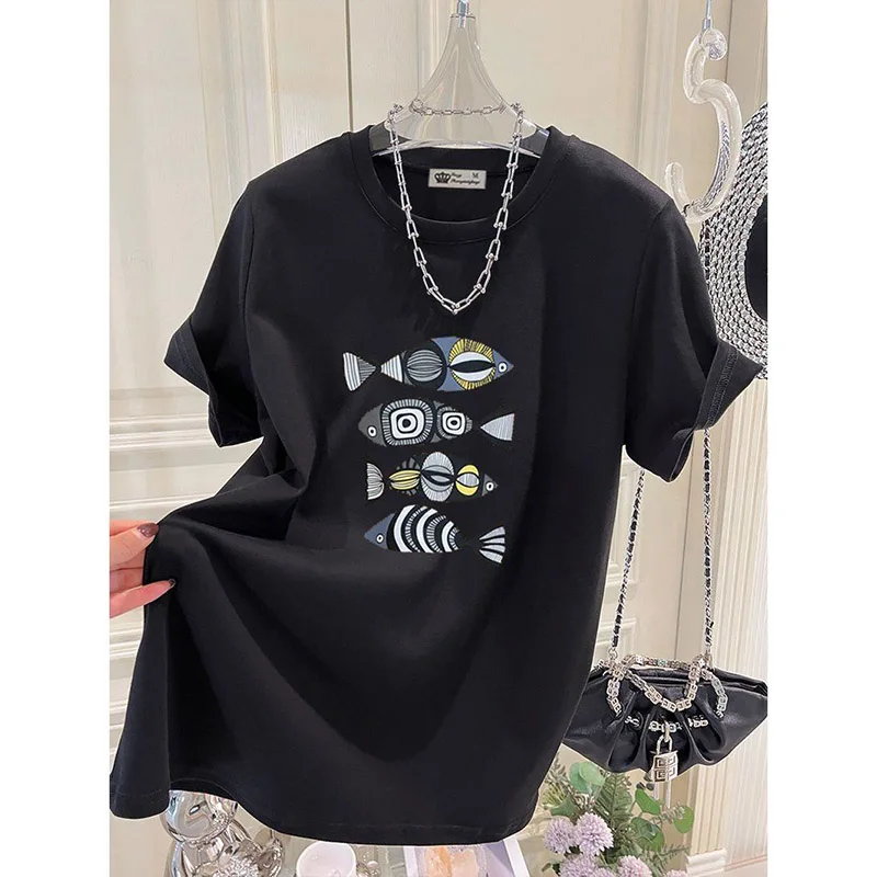 

Женская одежда, модная футболка с мультяшным принтом животного, летняя повседневная свободная футболка с круглым вырезом и коротким рукавом, универсальный базовый топ из чистого хлопка
