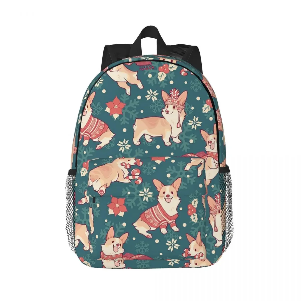 Winter Corgis In Homely Teal Backpacks Boys Girls Bookbag Students School Bags Laptop Rucksack Shoulder Bag Large Capacity