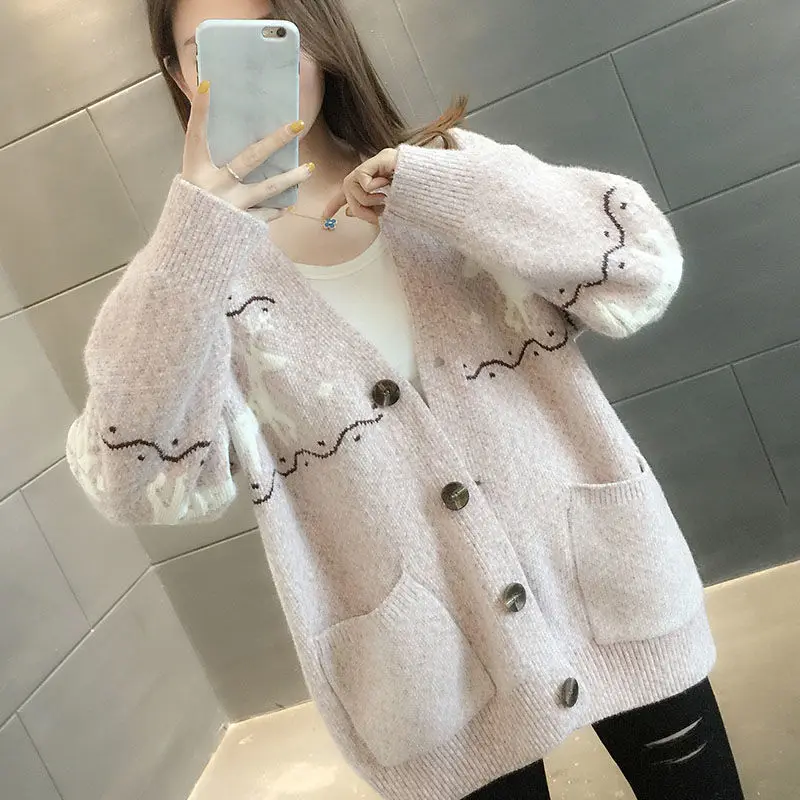 سترة سميكة على شكل حرف v لملابس خارجية ، معطف ضيق متماسكة ، طبعة كورية ، تركيب فضفاض ، موضة غير رسمية ، جديدة ، 2023 ، الخريف والشتاء #3