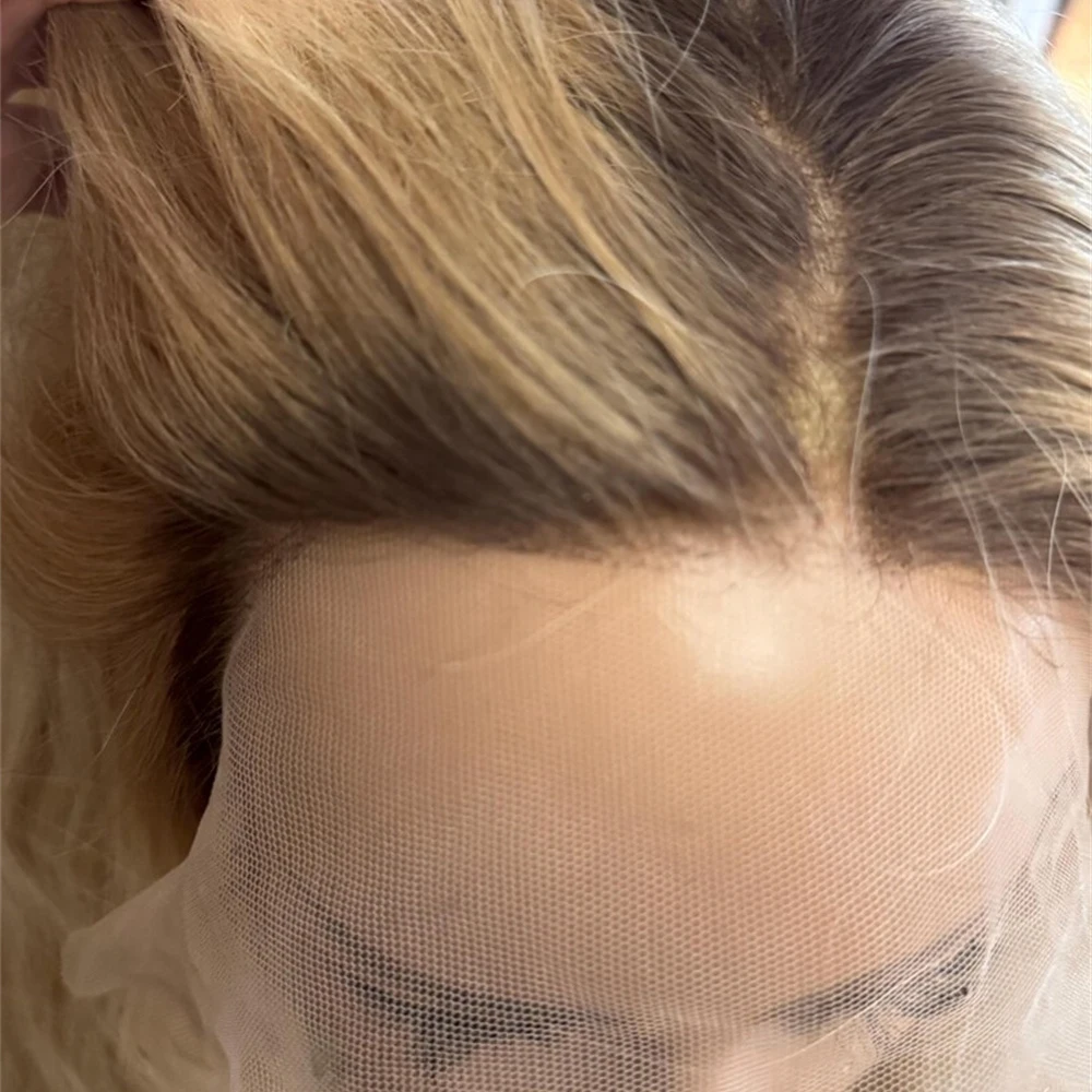 European Blonde Virgin Hair Wig Warm Blonde Brown Roots 26 Inch Loose Deep Wave Lace Front Wig Synthetic Fibre Heat Resistant