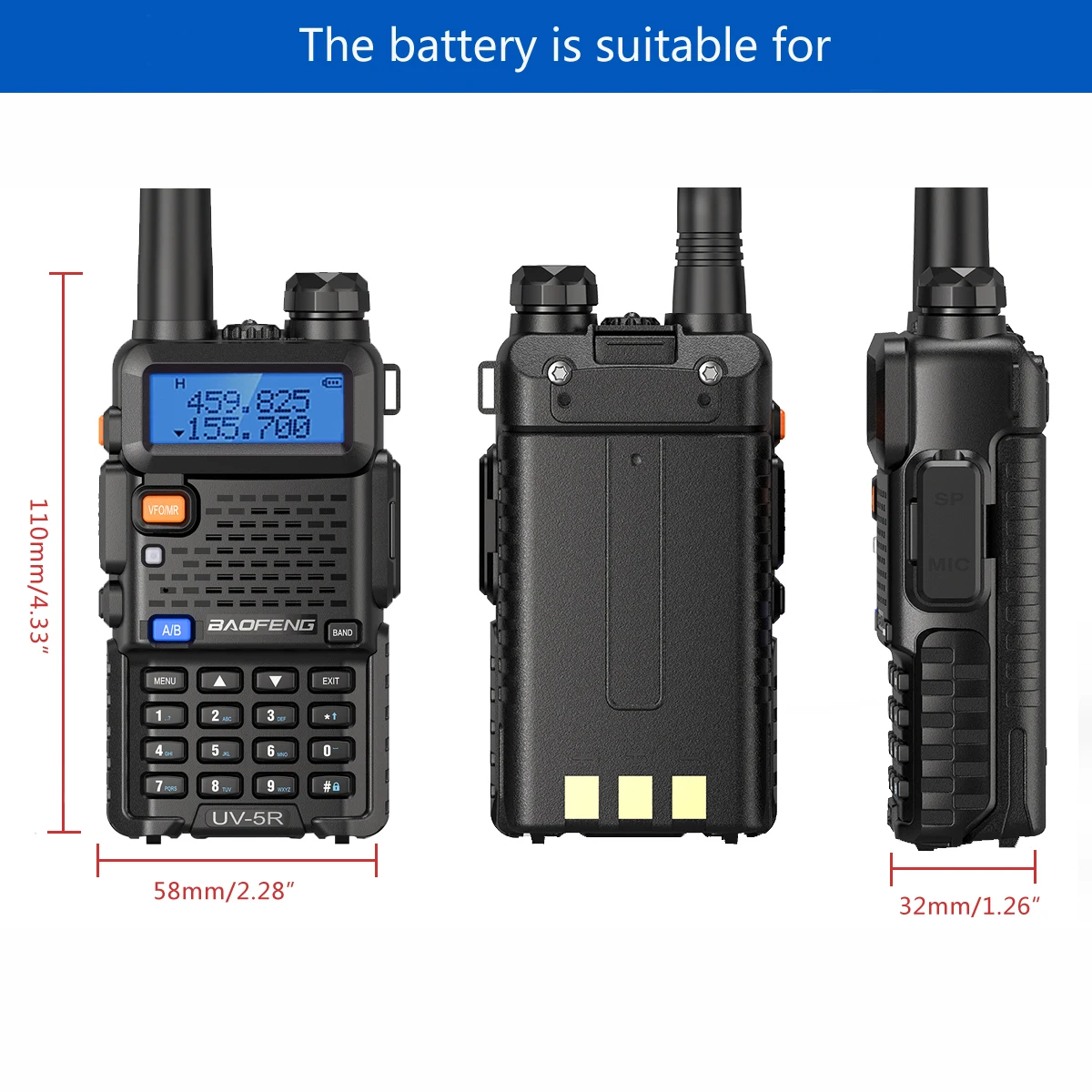 Baofeng-UV-5R de alta calidad para walkie-talkie, baterías recargables de ion de litio de 100% mAh y 1800 V, accesorios de Radio UV5R, batería UV