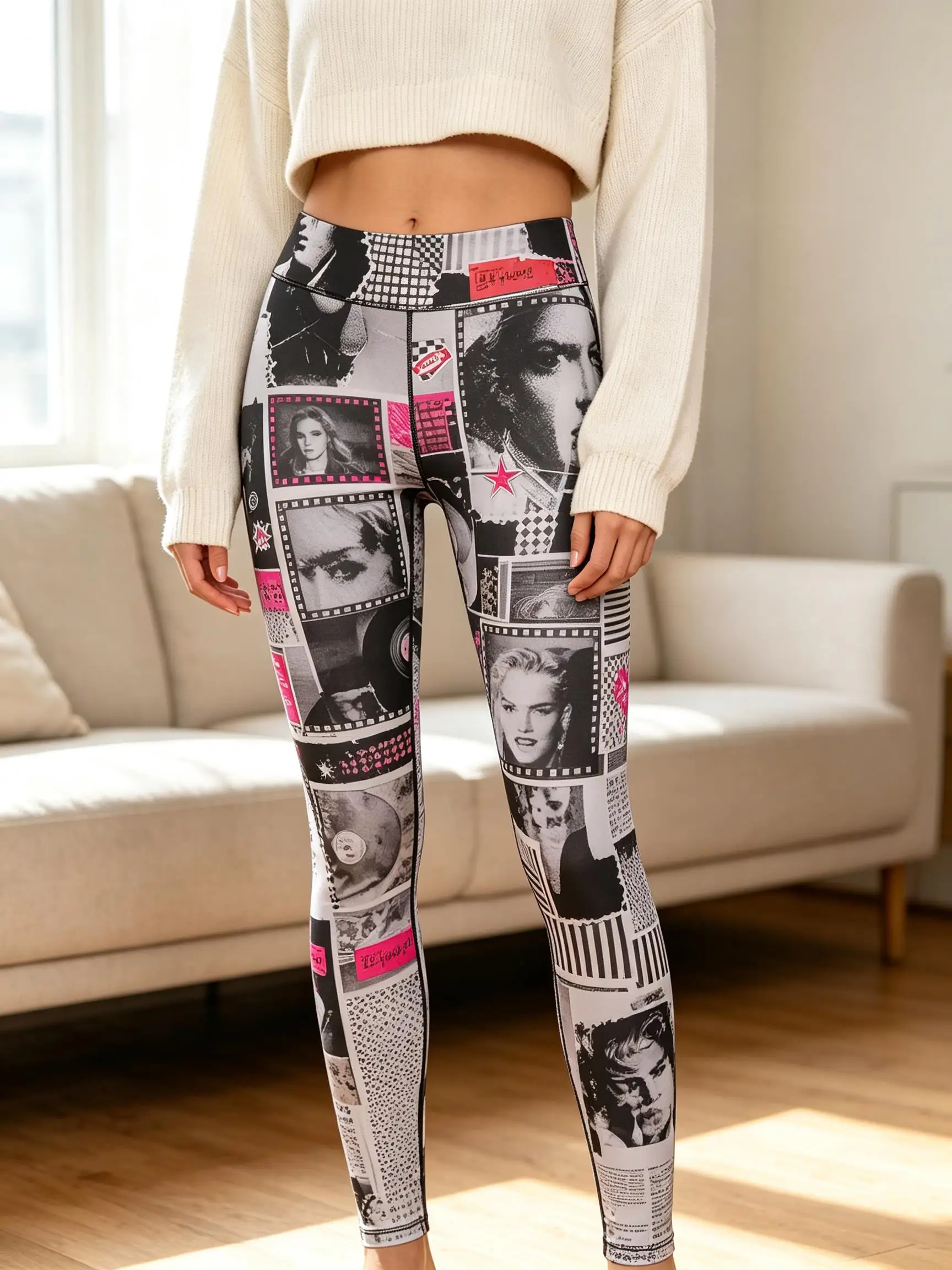 Women Fleece-Lined Mid-Rise Leggings Vintage Vinyl Record Portrait Collage Print Slim Warm Casual Pants