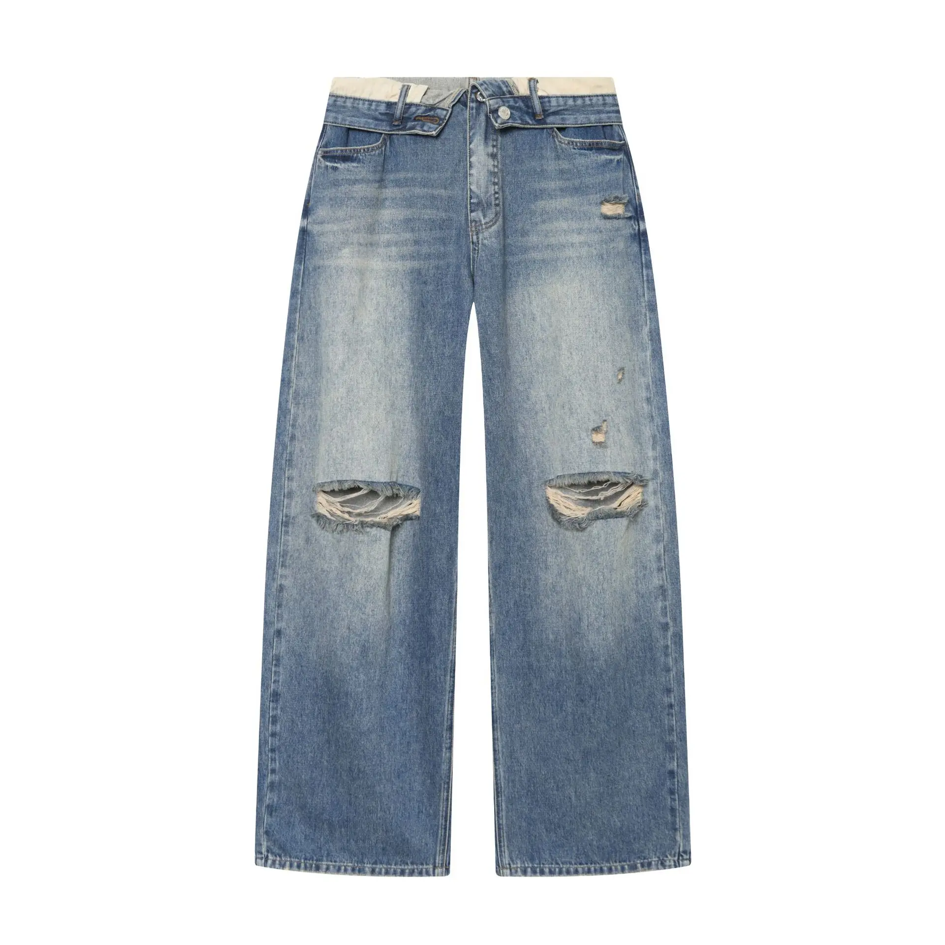 Cross-Border Bohemian Washed Denim Pants Women's Mid-Waist Cuffed Velvet Jeans Summer Collection Fashionable Ladies Trousers