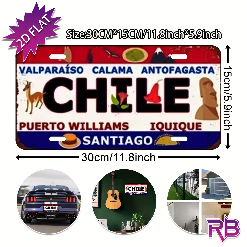 Chile Theme Aluminum Metal Wall Sign - UV Printed ch Vintage License Plate Design, Includes Valparaíso, Calama and Puerto Will