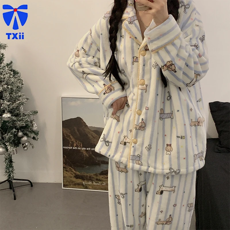 Cartoon animal pattern pajamas for women, autumn winter, coral fleece thickened and flannel warm, winter flannel home clothes