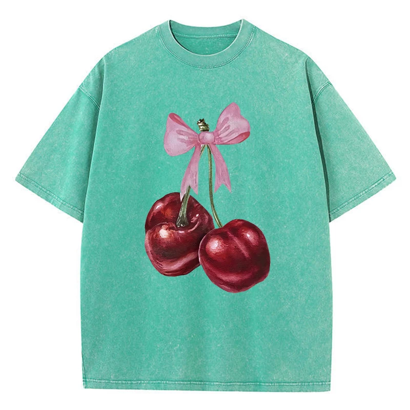 Womans Cotton Washed T-Shirts Fashion Distressed Loose Tee Shirts Carefully Packaged Cherries Prints Tops Casual Female Clothes