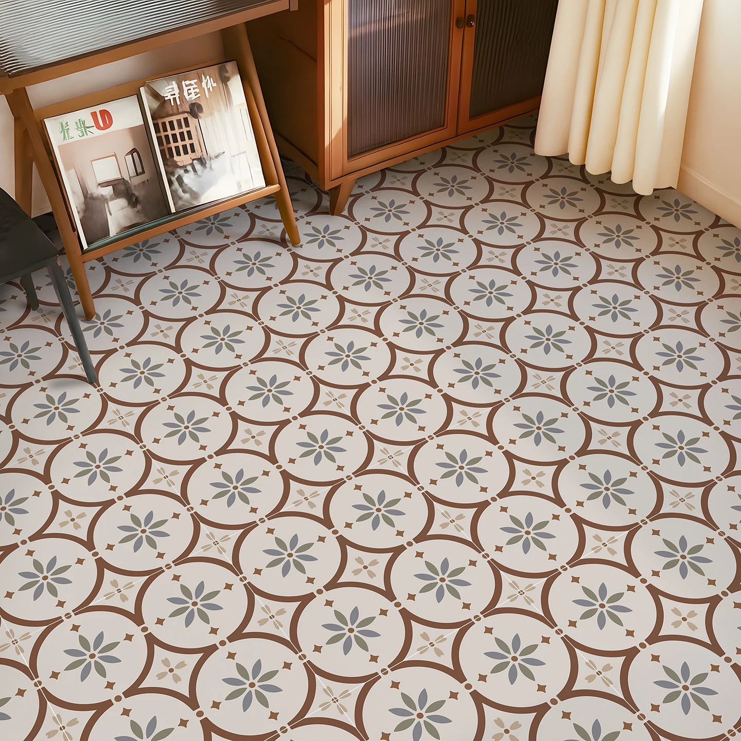 30x30cm 6Pcs Peel and Stick Floor Tiles, Retro Geometric Self-Adhesive Vinyl Floor Stickers, Moroccan Style for Kitchen Bathroom