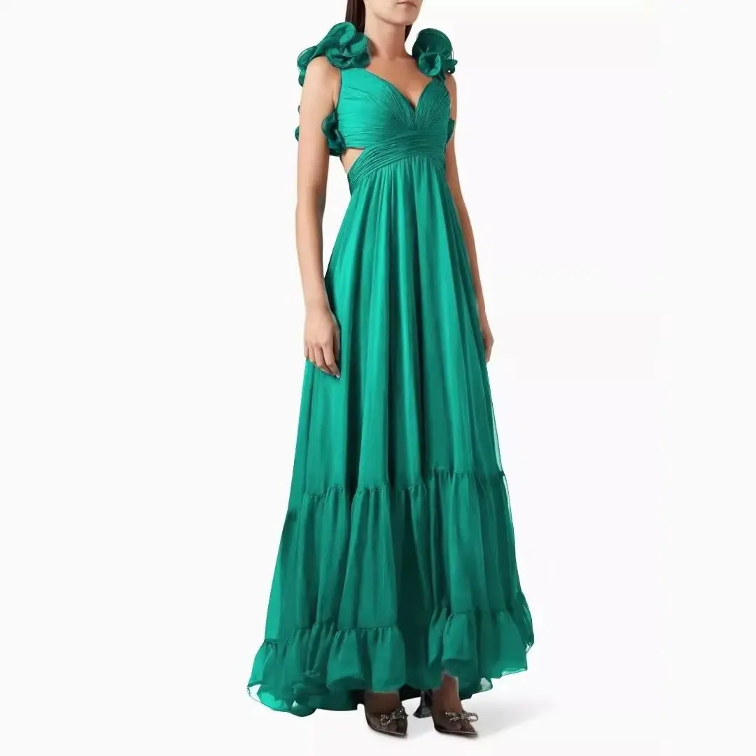 Fashion Spaghetti Straps Ruffles Evening Dresses Soft Chiffon V-neck Pleats Wedding Guest Gowns Chic Girl's Pageant Prom Dress