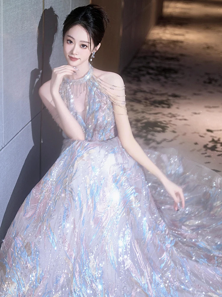 فستان سهرة فاخر من شوي بولان لحفلات الزفاف، تصميم كوري أنيق بياقة معلقة وتنورة على شكل حرف A